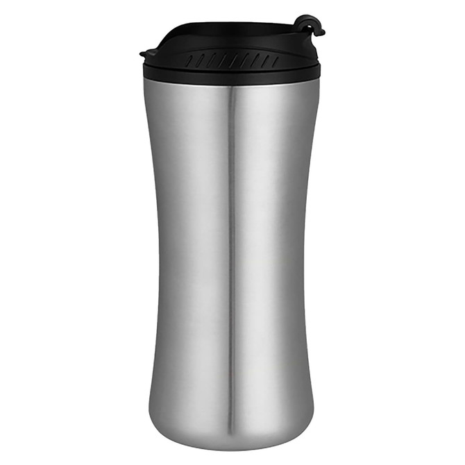 A travel mug in stainless steel with a black lid and a sleek, modern design. Features a logo.