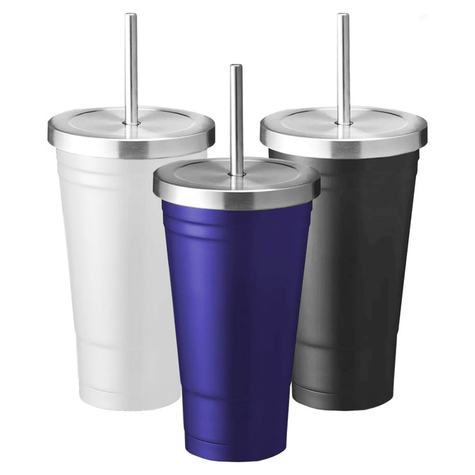A drink bottle set featuring three tumblers in white, navy blue, and black, each with a stainless steel straw.