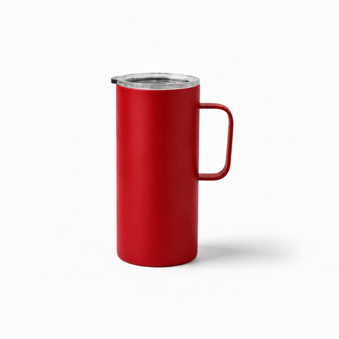 A red travel mug with a metal lid and a handle, featuring a simple design and a logo.