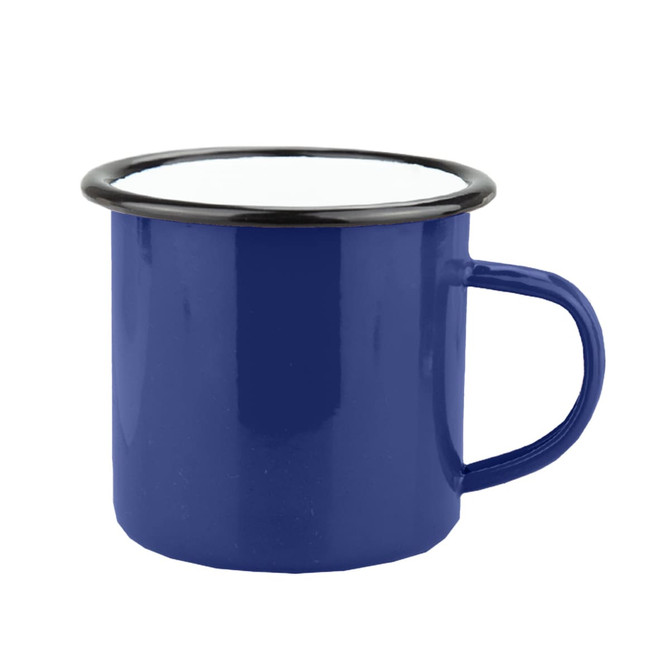 A blue enamel camper mug with a black rim and a sturdy handle, featuring a logo on its surface.
