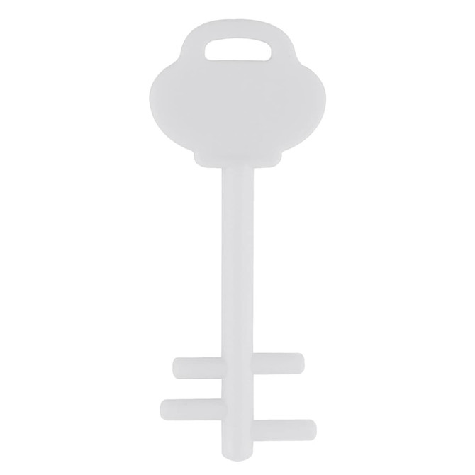 A white mobile key stand in the shape of a key, featuring a handle and a simple design.