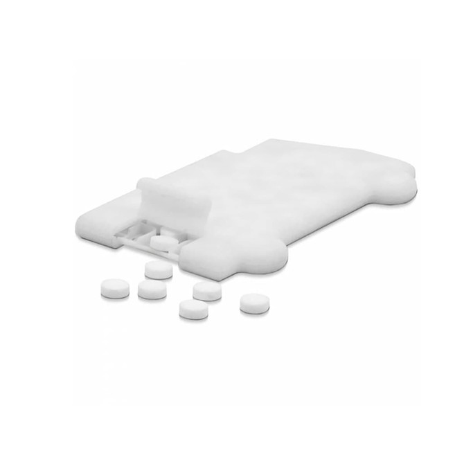 A truck-shaped mint card in white with several small white mint tablets beside it. Features branding on the card.