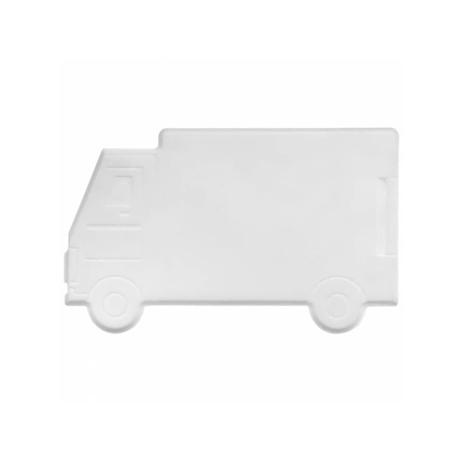 A white truck-shaped mint card in a simple design, featuring a logo. Suitable for promotional use.