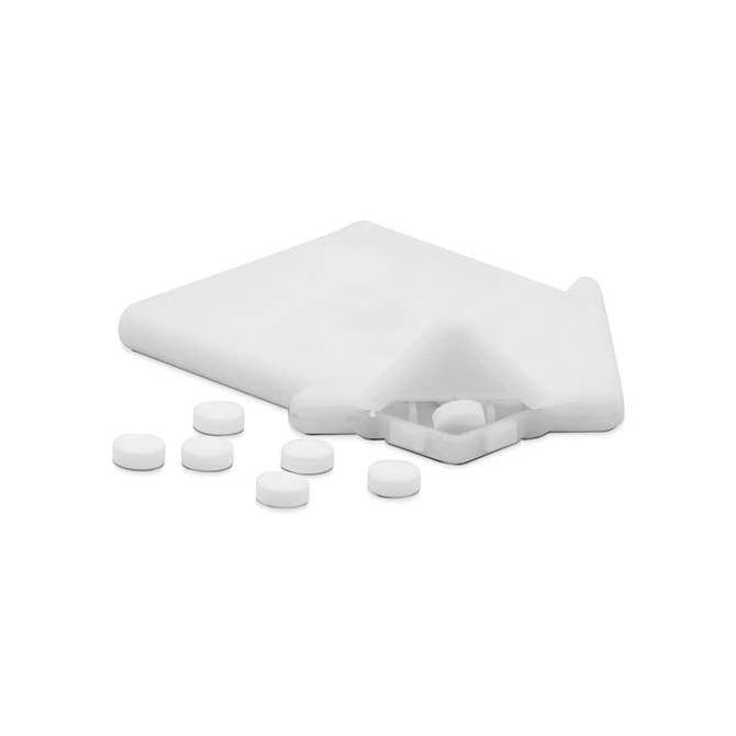 A house-shaped mint card in white with several small white mint tablets. The card has a logo.