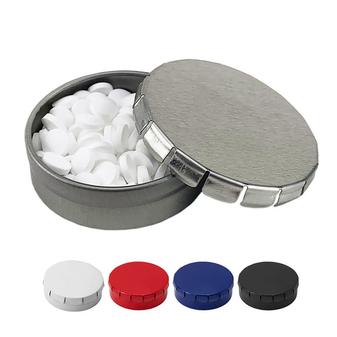 A mint tin in silver with a round lid, containing small white mints. Includes additional tins in red, blue, black, and white.
