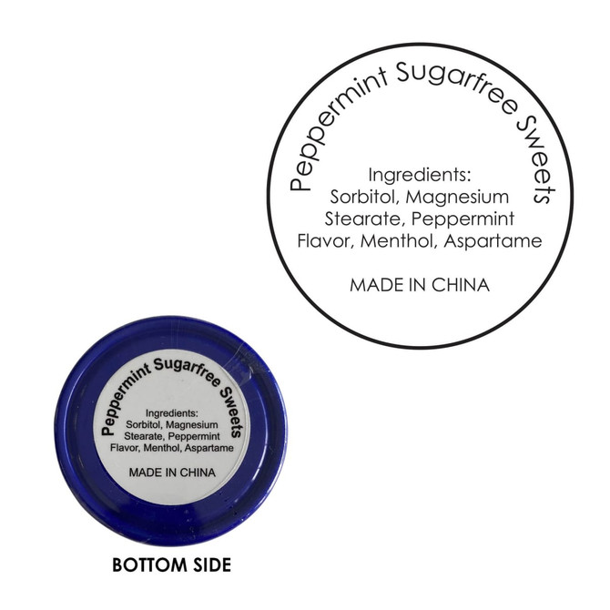 A round, blue mint tin labelled 'Peppermint Sugarfree Sweets' with ingredient details on the bottom.
