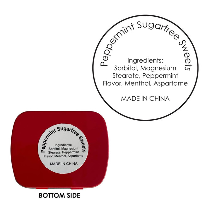 A red rectangular mint tin containing sugarfree peppermint sweets, with an ingredient label on the underside.