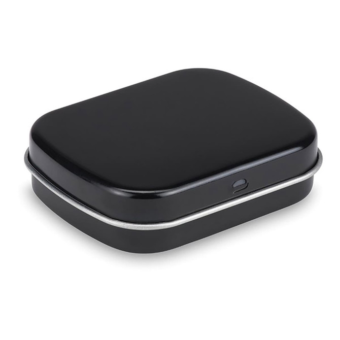 A rectangular black mint tin featuring a silver rim and a lid, with a simple logo on the side.