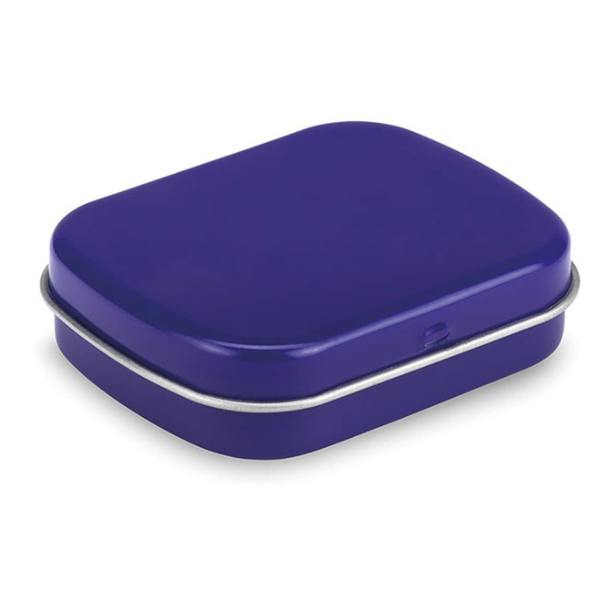 A rectangular mint tin in a deep purple colour with a hinged lid and silver trim, featuring a logo.