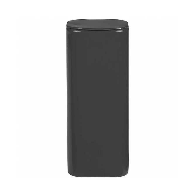A matte black flip top mint tin with a smooth surface and a sleek, rectangular design. It features a logo.