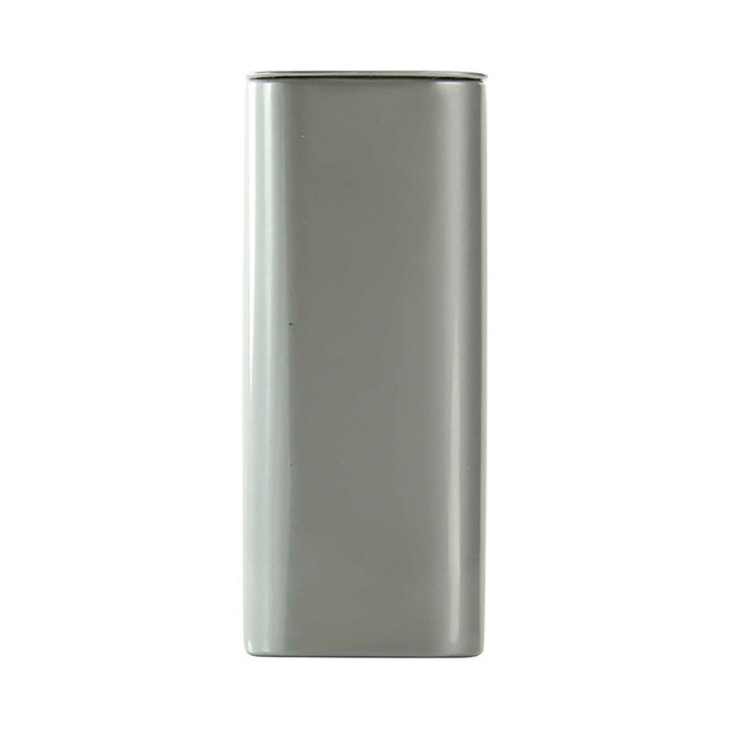 A rectangular grey mint tin with a flip-top lid, featuring a logo on its surface.