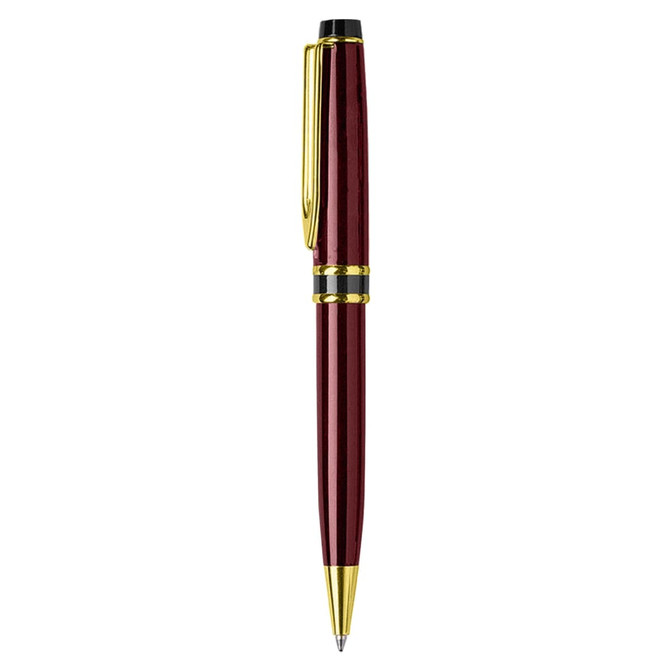 A metal pen in a deep red finish with gold accents and a clip, featuring a logo.
