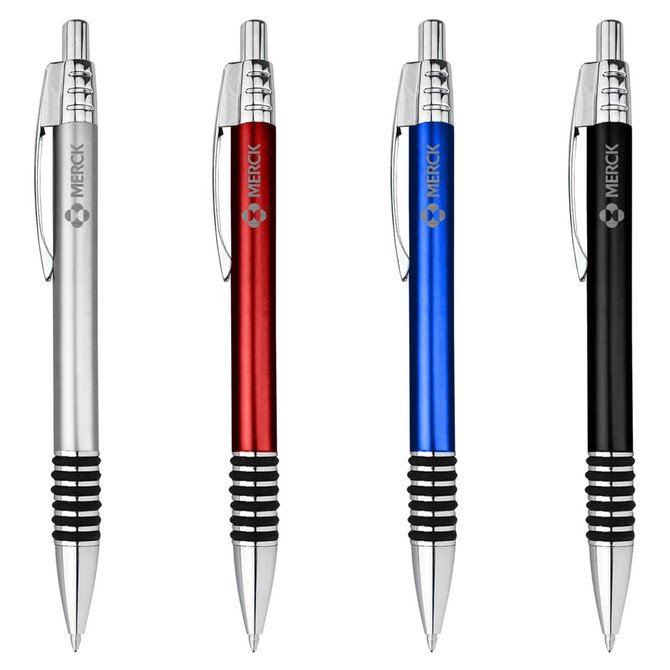 A collection of four metal pens in silver, red, blue, and black, featuring a sleek design and grip area.