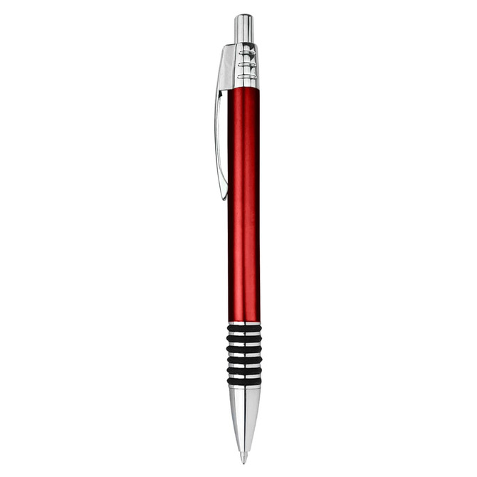 A sleek metal pen in vibrant red with chrome accents and a textured grip, featuring a logo.