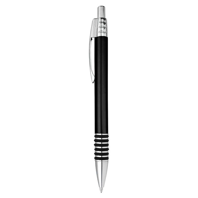 A black metal pen with chrome accents, featuring a textured grip and a clip. It has a branding logo.