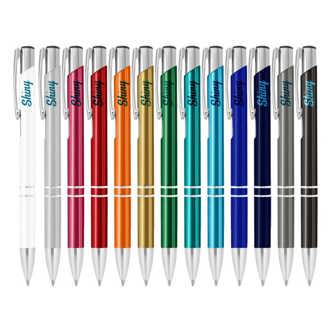 A collection of metal pens in various colours, including white, pink, red, orange, green, blue, and black, featuring a logo.