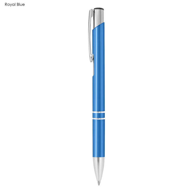 A blue metal pen with silver accents and a clip, featuring a sleek design and branding on the side.
