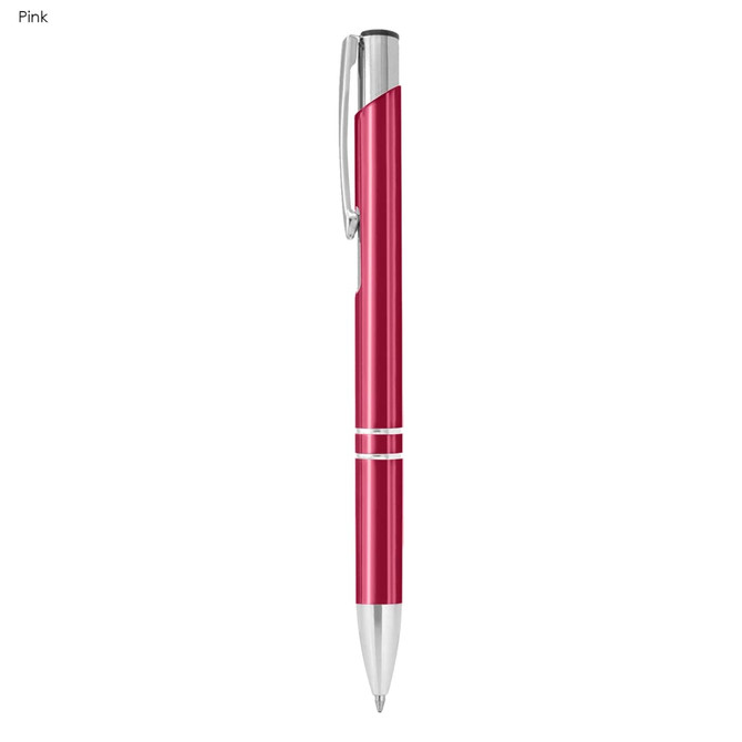 A pink metal pen with silver accents and a clip, featuring a sleek design and a logo.