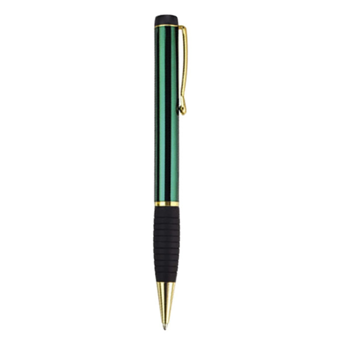 A green and black metal pen with gold accents and a textured grip. The pen features a logo on its body.