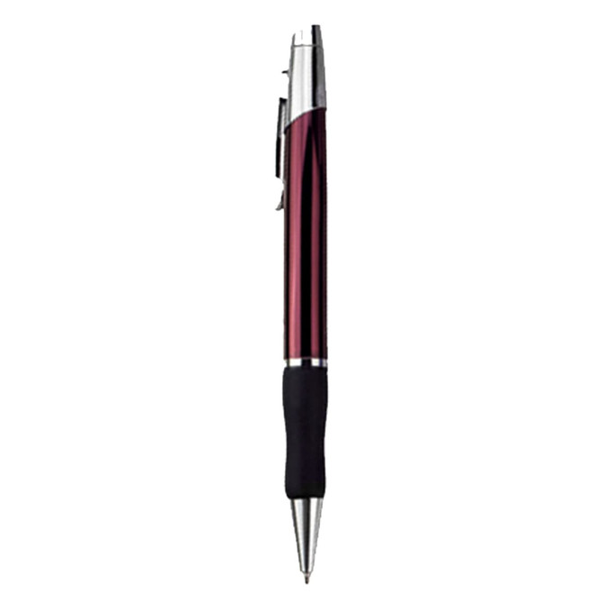 A metal pen with a burgundy and silver finish, featuring a black rubber grip and a logo on the barrel.