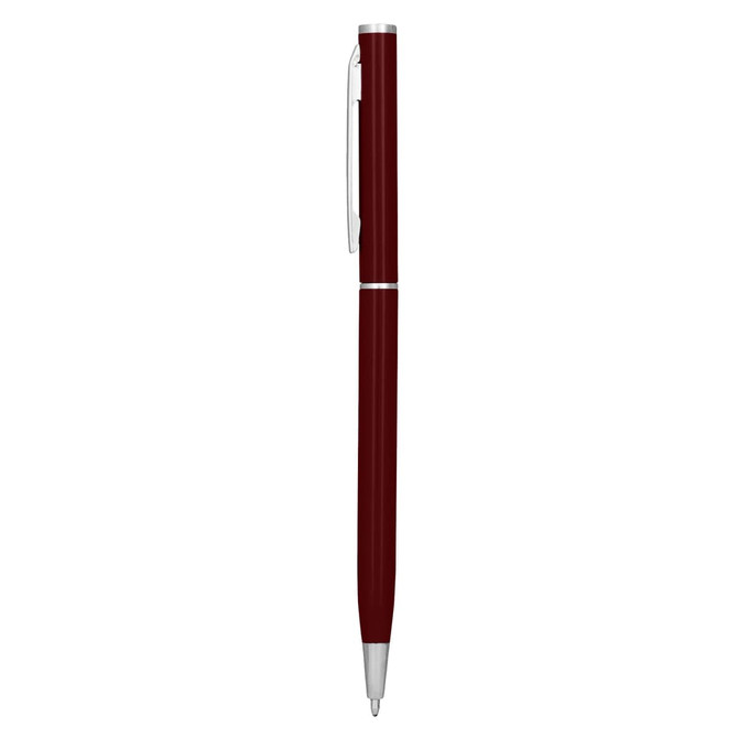 A metal pen in a deep burgundy colour, featuring silver accents and a clip. The pen has a sleek design.