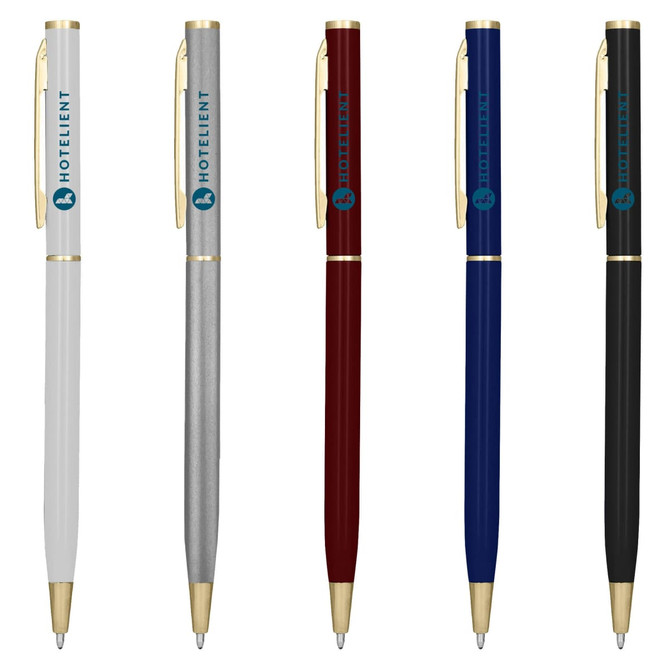 A selection of metal pens in white, silver, red, blue, and black, all featuring a logo.