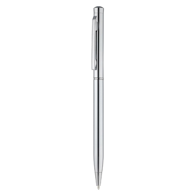 A metal pen in sleek silver, featuring a clip and smooth design, with a branding logo on the barrel.