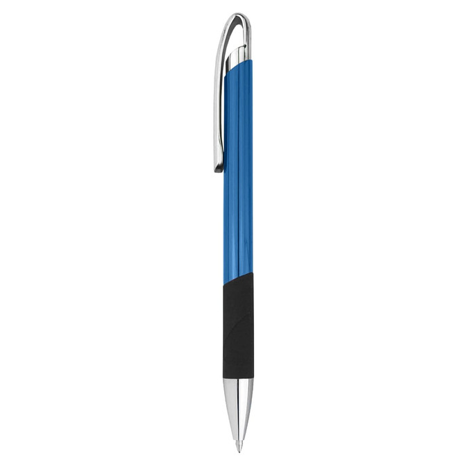A metal pen with a blue barrel, silver accents, and a black grip, featuring a clip for convenience.