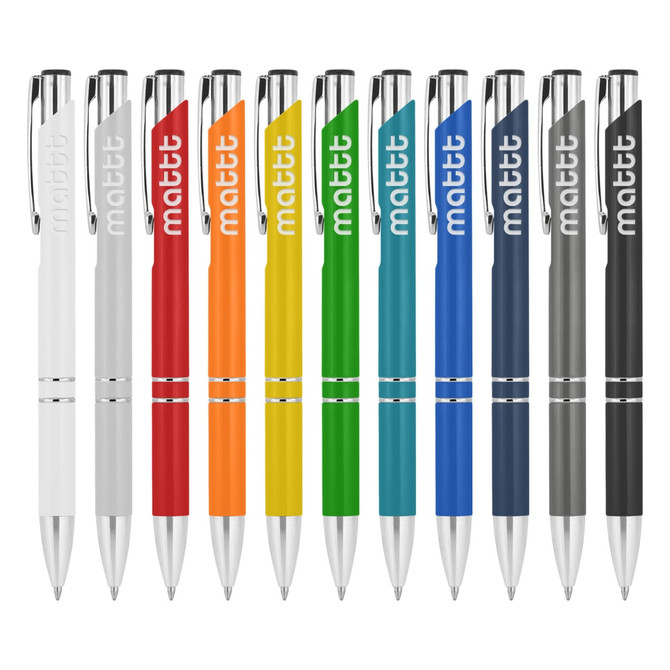 A collection of metal pens in various colours, including white, red, orange, green, blue, and grey, featuring branding.