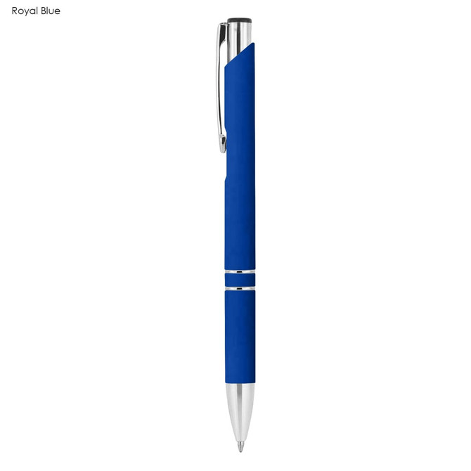 A metal pen in royal blue with a rubberised grip and silver accents, featuring a branding logo.