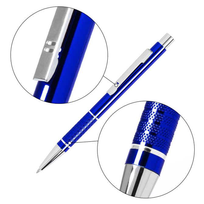 A blue metal pen with a textured grip and chrome accents, featuring a clip and detailed close-ups.