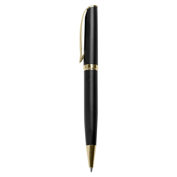 A black metal pen with gold accents and a clip, featuring a sleek design and a branding logo.