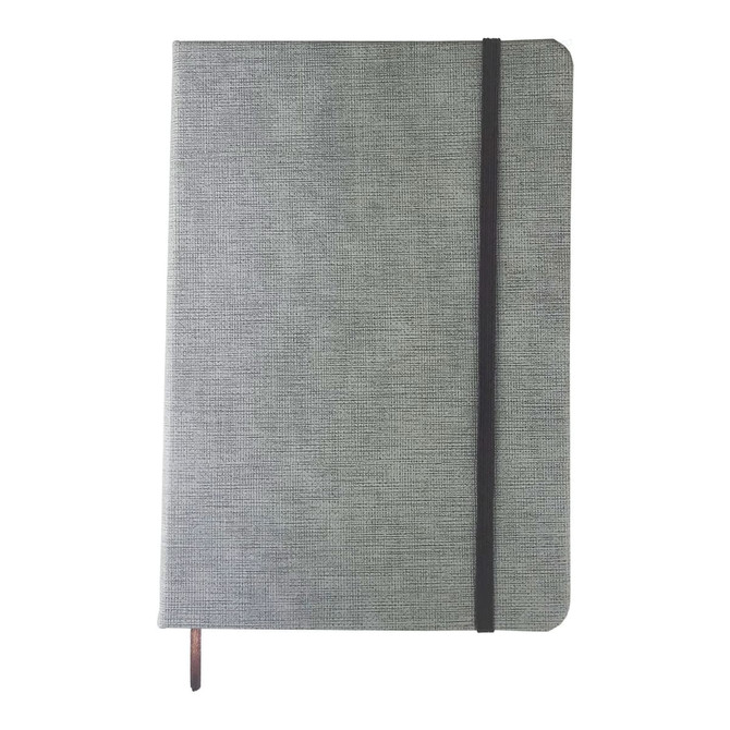 A5 textured PU notebook in grey with a black elastic closure band and a pen holder. Features branding logo.