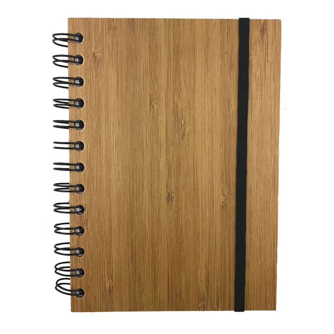 A bamboo notebook with a spiral binding and a black elastic band, featuring a natural wood finish.