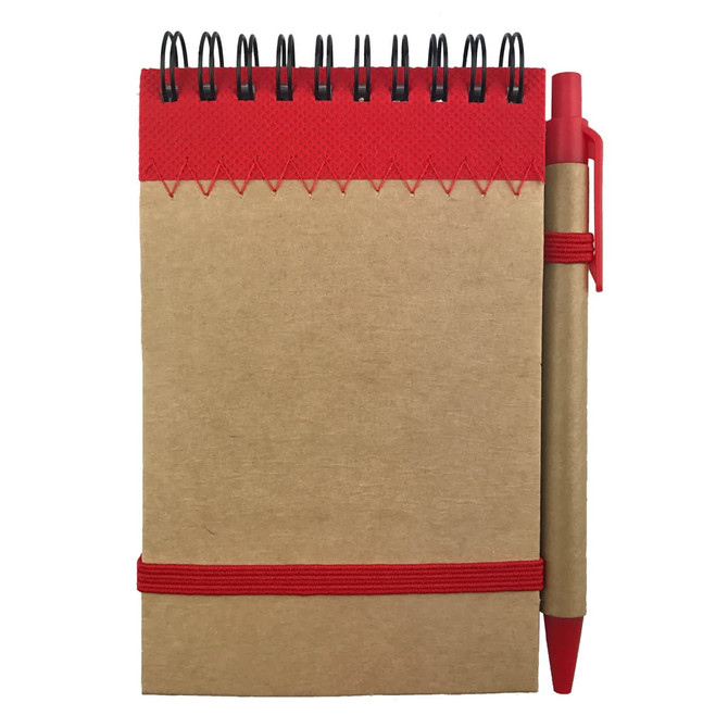A brown recyclable paper jotter pad with a red spiral binding and a matching pen attached.
