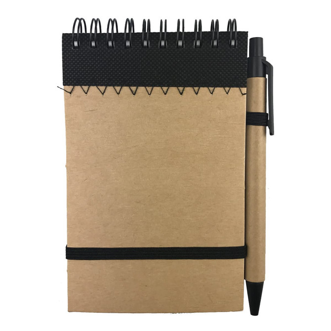 A brown recyclable paper jotter pad with a black spiral binding and a black pen secured by an elastic band.