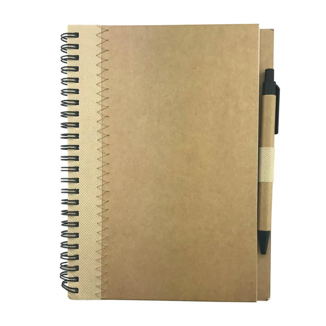 A brown recycled paper notebook with a spiral binding and a black pen attached, featuring a textured cover.