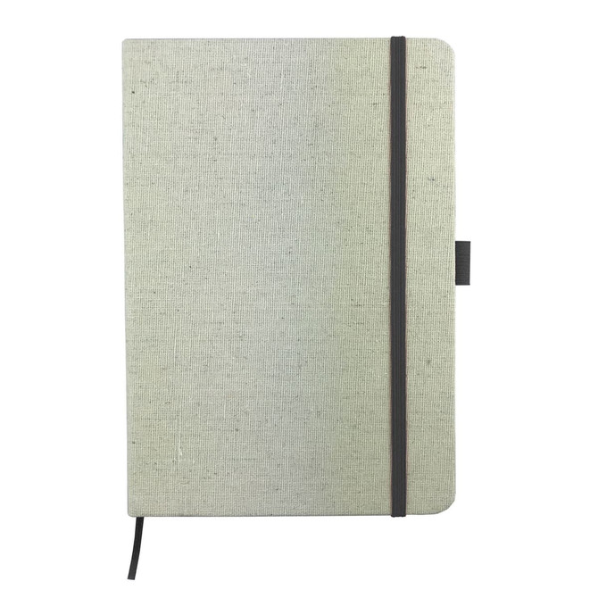 A cotton notebook in light grey with a black elastic closure and ribbon bookmark, featuring a logo.