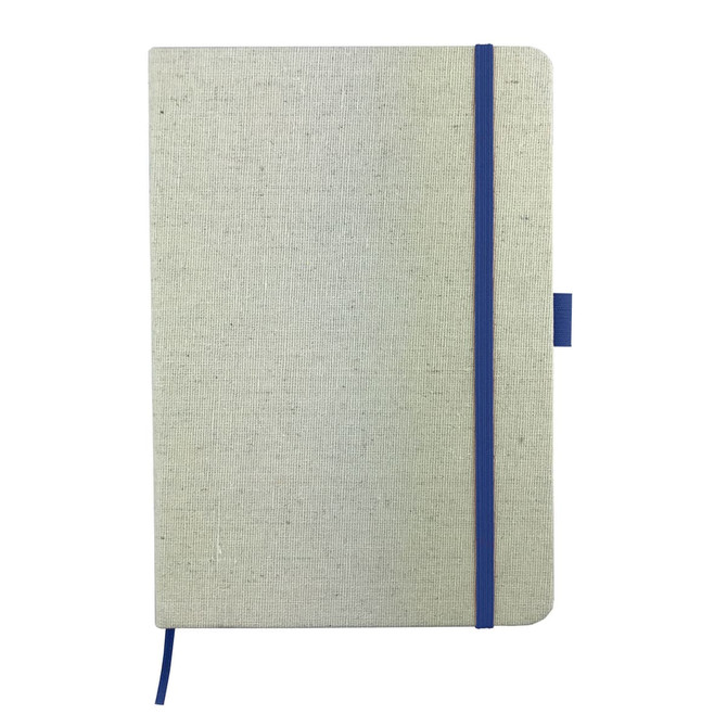 A cotton notebook in light grey with a blue elastic band and a branding logo.
