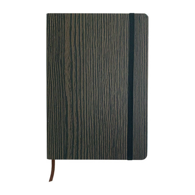 A5 Wood Look Notebook featuring a textured brown and green cover with an elastic closure and a ribbon bookmark.