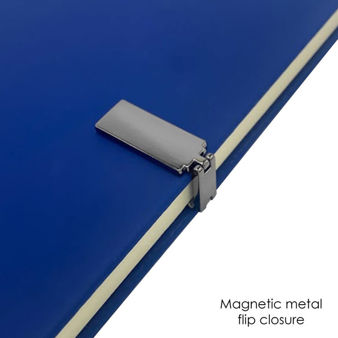 A blue notebook with a magnetic metal flip closure, featuring a sleek design and a logo on the cover.