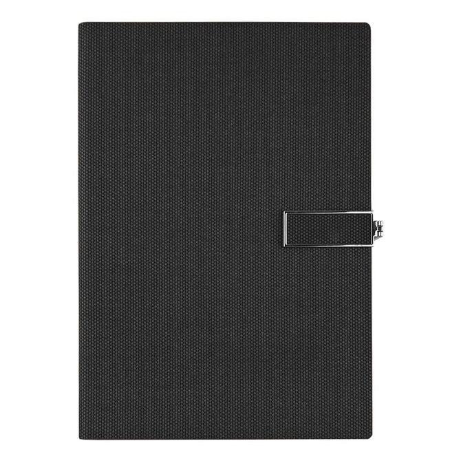 A black notebook with a textured cover and a silver clip closure, featuring a branding logo.