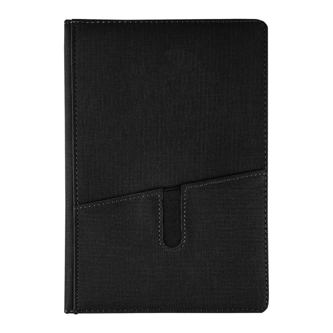 A black notebook with a textured finish and a front pocket, featuring a logo on the cover.