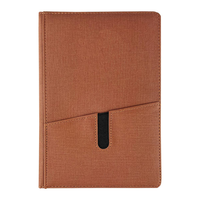 A brown notebook with a textured cover and a black pocket on the front. It features a logo on the cover.