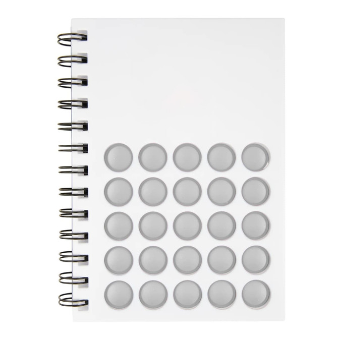 A white spiral-bound notebook featuring grey circular bubble accents on the front cover and a logo.