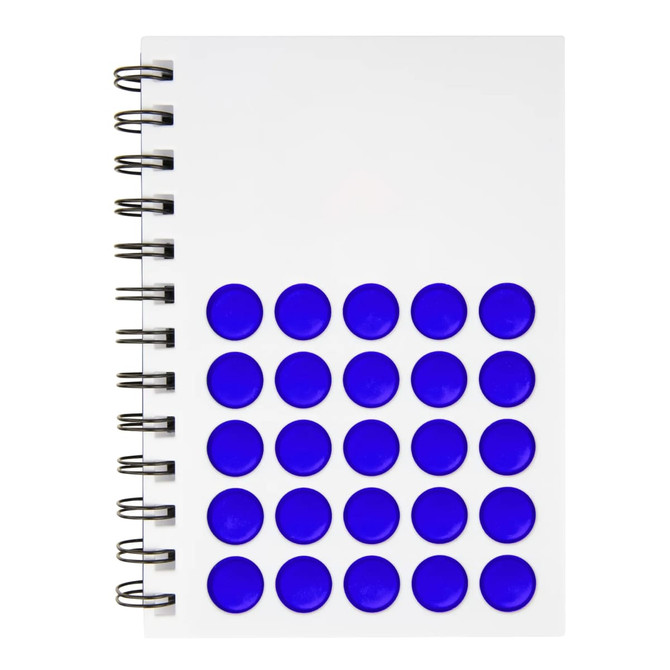 A white spiral notebook featuring a grid of purple dots on the cover and a branding logo.