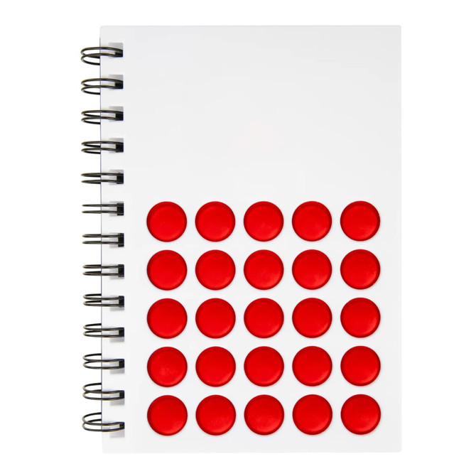 A spiral-bound notebook featuring a white cover with red circular accents. It includes a logo on the cover.