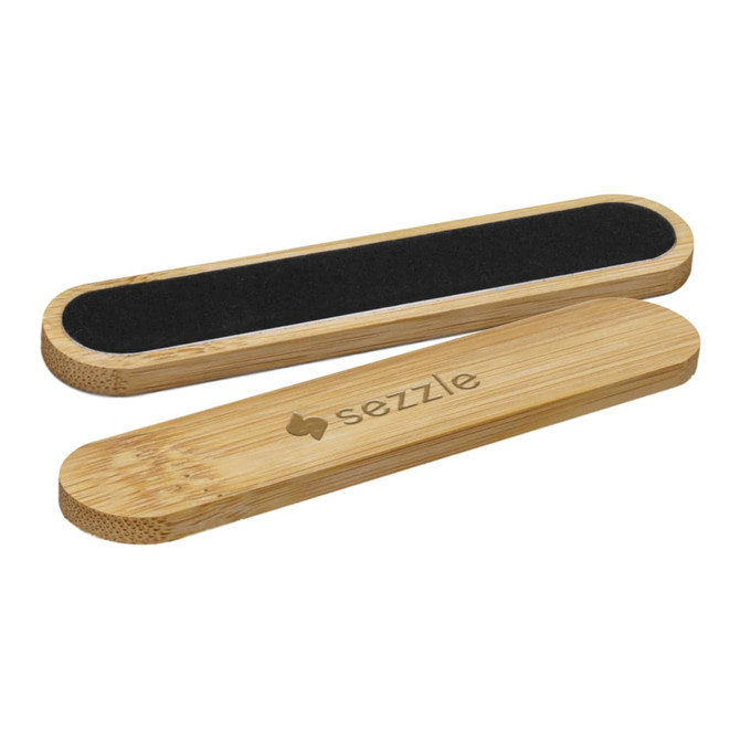 A bamboo nail file featuring a textured black sanding surface and an engraved logo, showcasing a natural wood finish.