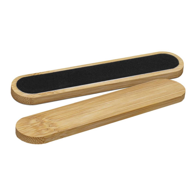 A bamboo nail file with a textured surface on one side and smooth bamboo on the other, featuring a logo.