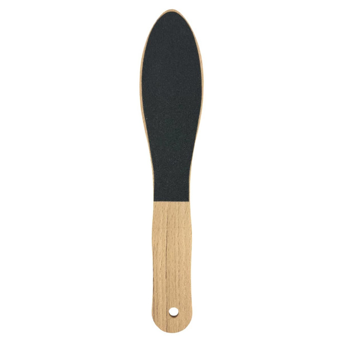 A wooden foot file featuring a black abrasive surface and a light wooden handle.